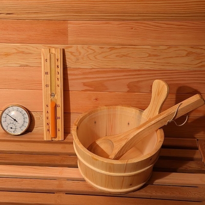 Grzejnik elektryczny z jasnego czerwonego drewna cedrowego Mokra para Panoramiczny widok Sauna na zewnątrz