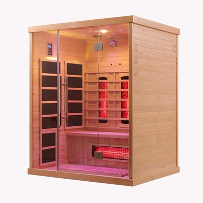 Luksusowa drewniana sauna w kolorze dalekiej podczerwieni z panelem sterowania i oświetleniem LED