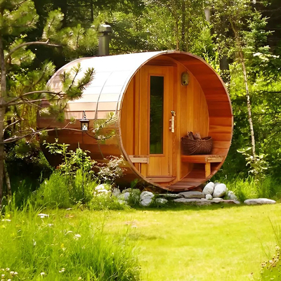 Sauna zewnętrzna z dużą beczką z drewna Hemlock Panoramiczna 4-8 Tradycyjna sauna parowa z beczką z drewna