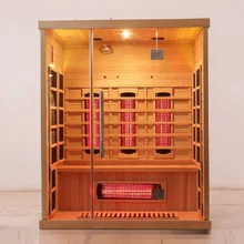 Luksusowa drewniana sauna w kolorze dalekiej podczerwieni z panelem sterowania i oświetleniem LED